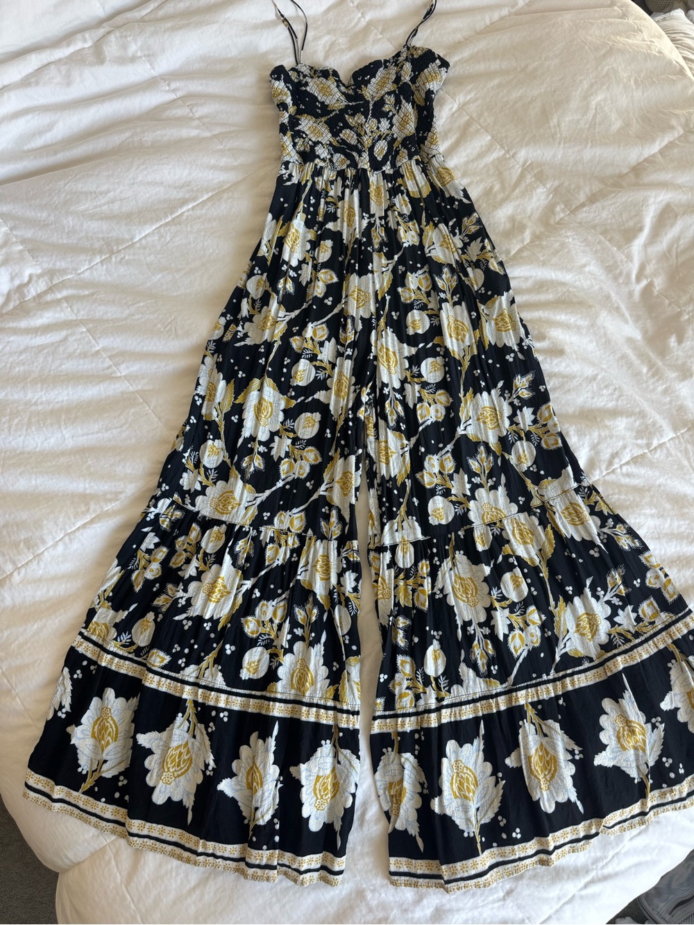 Free People Black Floral Smocked Wide-Leg Jumpsuit